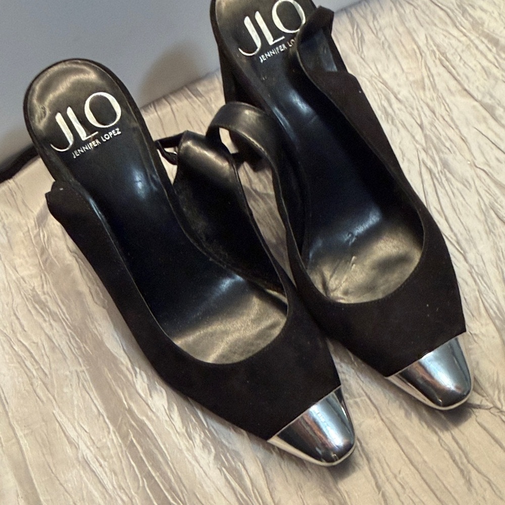 Jennifer Lopez Black Heels with Silver Toe Cap